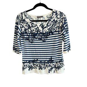 Metric Blue Striped Scroll Floral Sweater Size Large